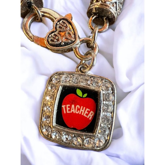 Teacher Apple Square Charm Bracelet Classic Silver Plated - Picture 3 of 11